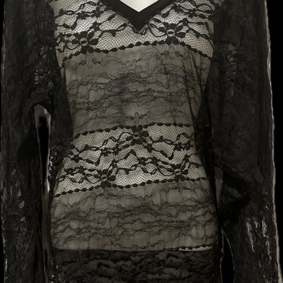 Sheer Black Lace Goth Mini Dress Tunic Top Y2K Batwing Sleeves Asymetrical Hem - Picture 2 of 7